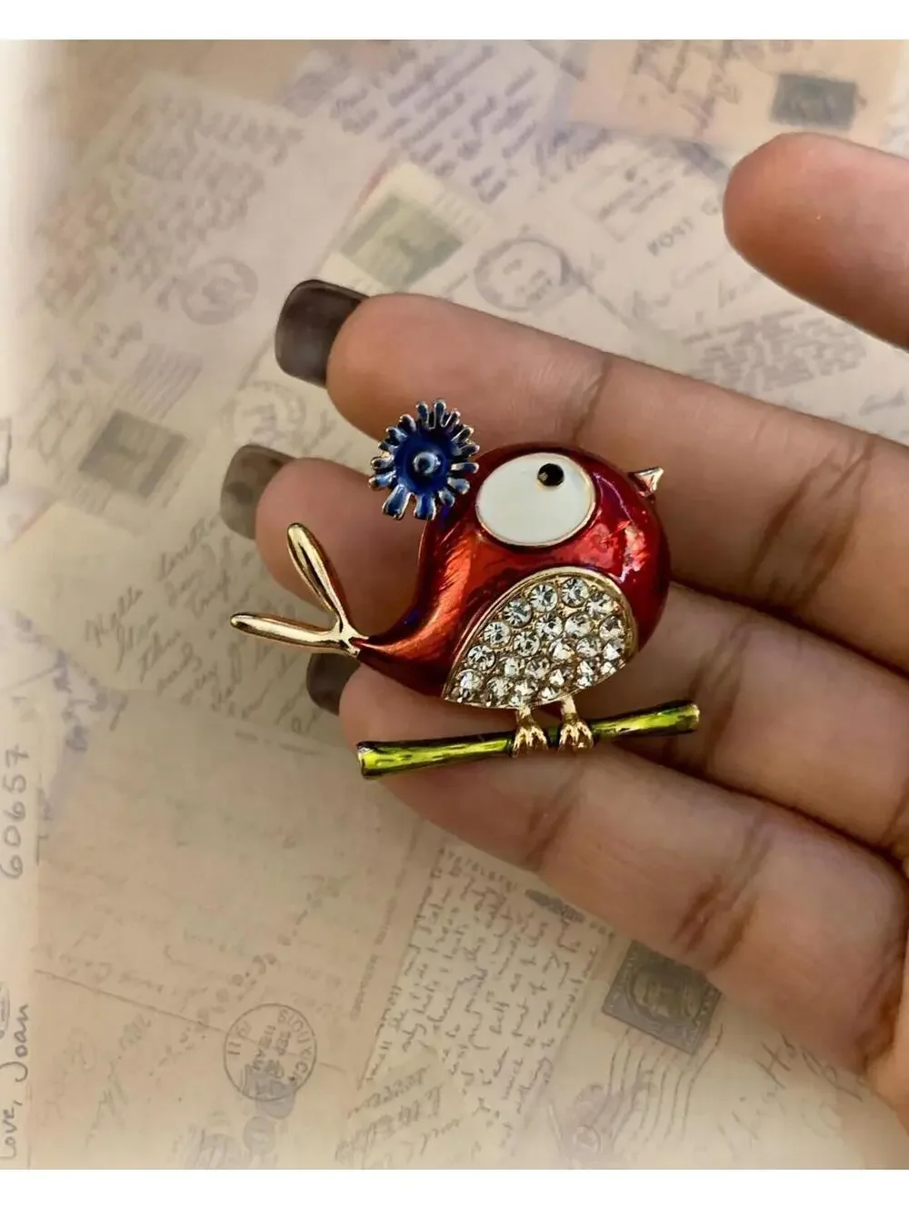 Red Enamel Cartoon Bird Brooch Rhinestones Pave Yellow Metal Whimsical Accessory